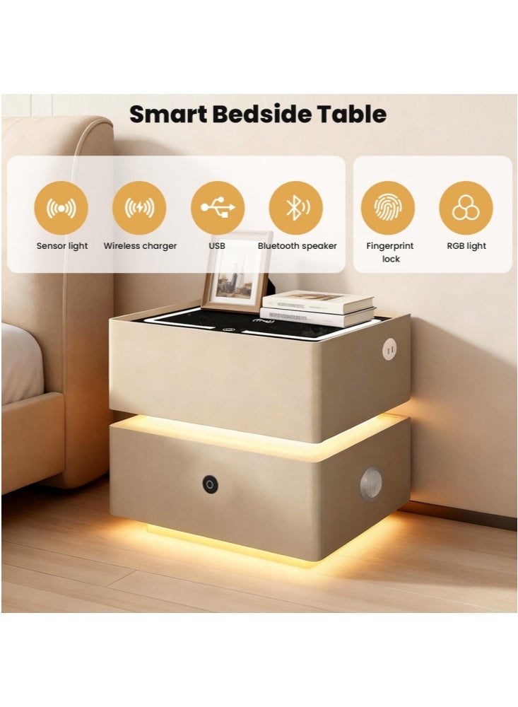GGEROU Intelligent bedside table,Nightstand Fingerprint Lock,Nightstand With Light ,Smart Night Stand With Wireless Charging,Modern Nightstand With LED Light,Modern Bedside Table With Sensor Light khaki - Image 2